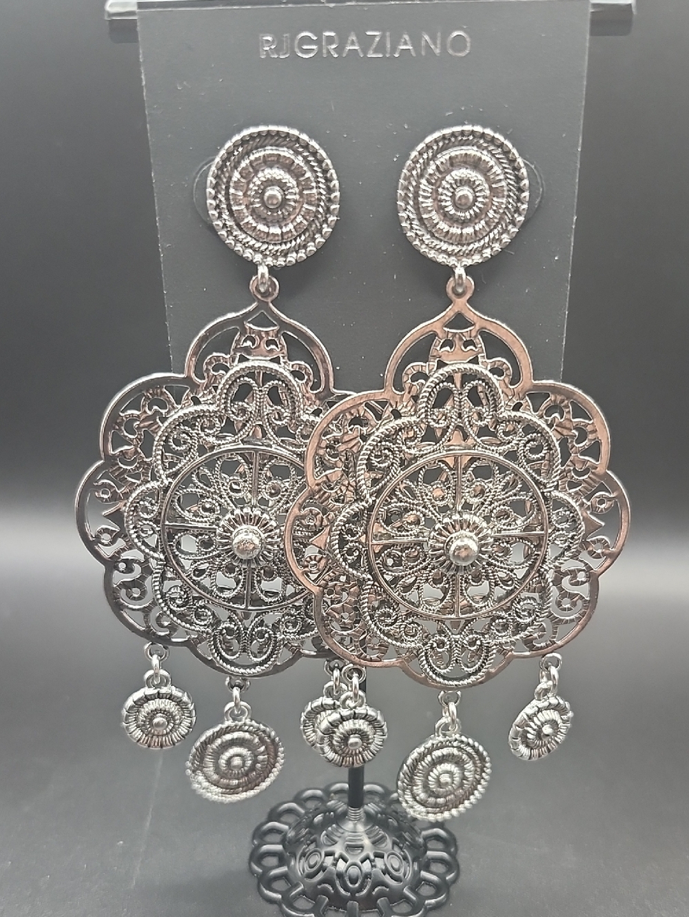 R.J. Graziano Silver Filigree Floral Medallion Dangle Earrings